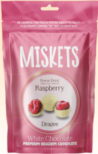 MISKETS WHITE CHOCOLATE COATED FREEZE DRIED RASPBERRY 80GX12